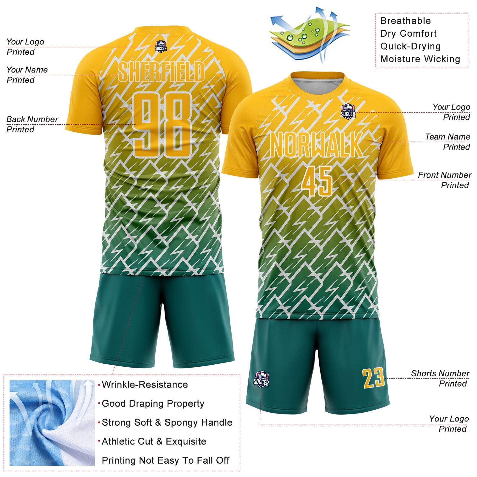 Custom Gold Teal-White Lightning Sports Sublimation Soccer Uniform Jersey