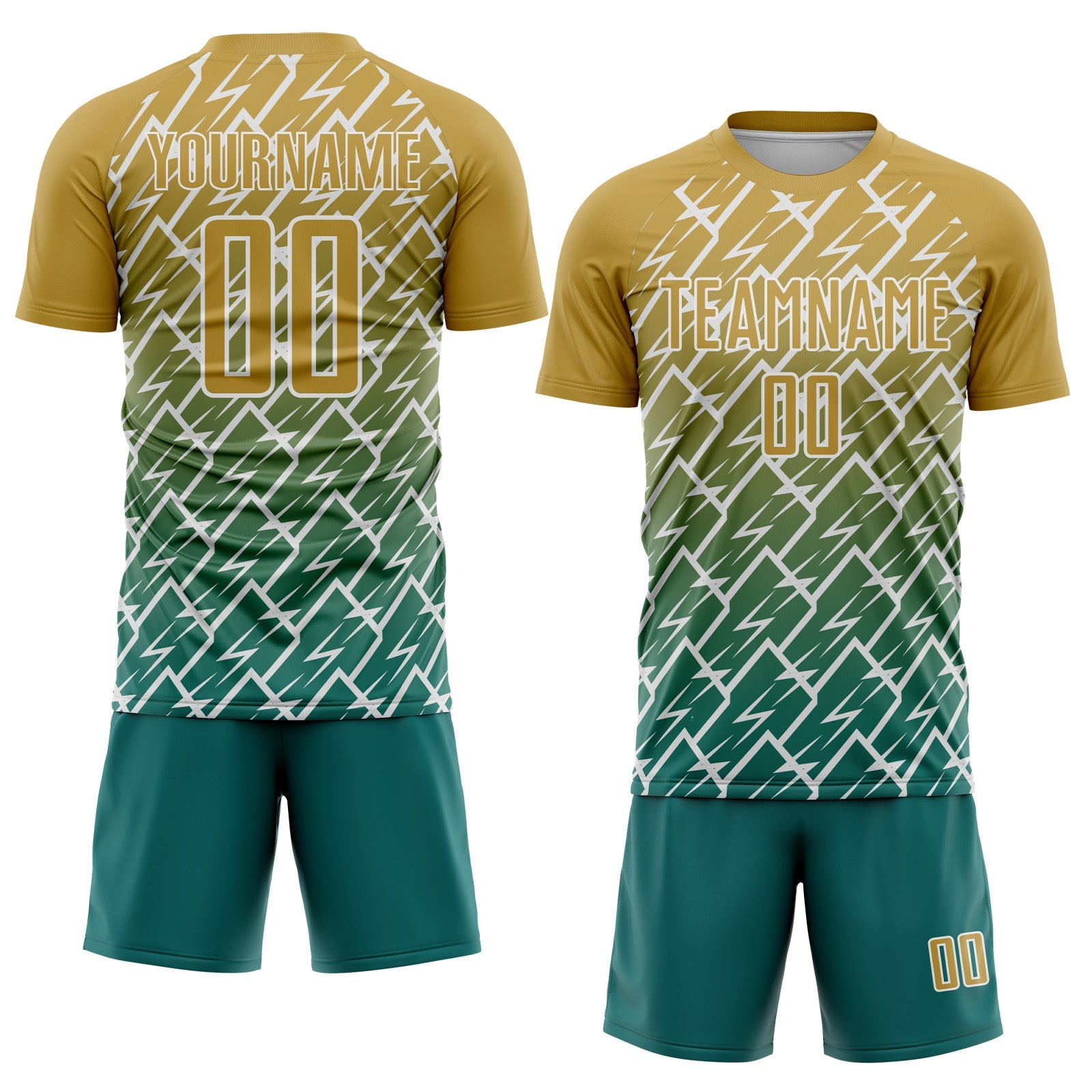 Custom Old Gold Teal-White Lightning Sports Sublimation Soccer Uniform Jersey