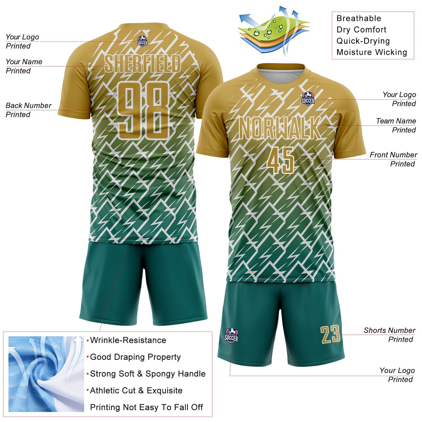 Custom Old Gold Teal-White Lightning Sports Sublimation Soccer Uniform Jersey