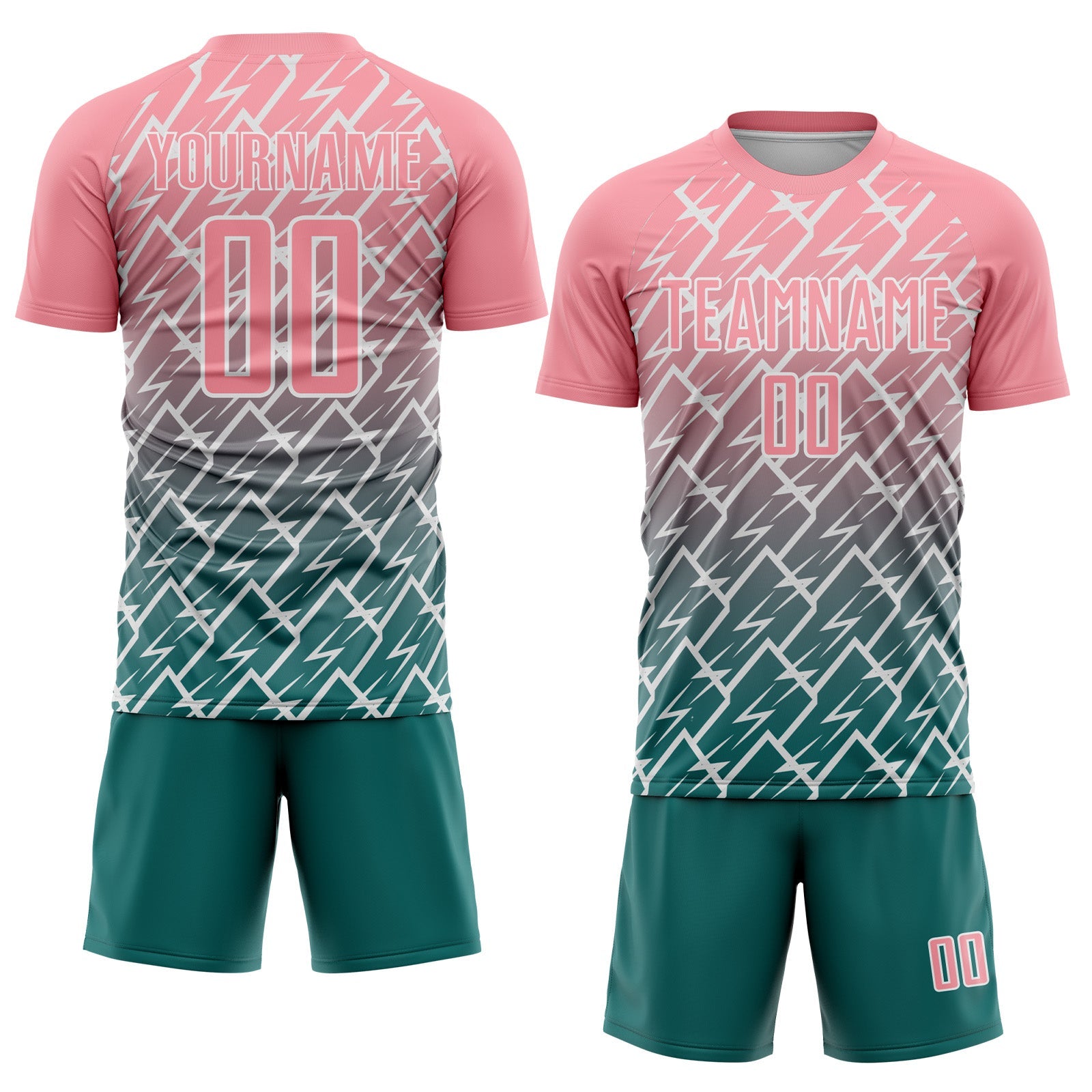 Custom Medium Pink Teal-White Lightning Sports Sublimation Soccer Uniform Jersey