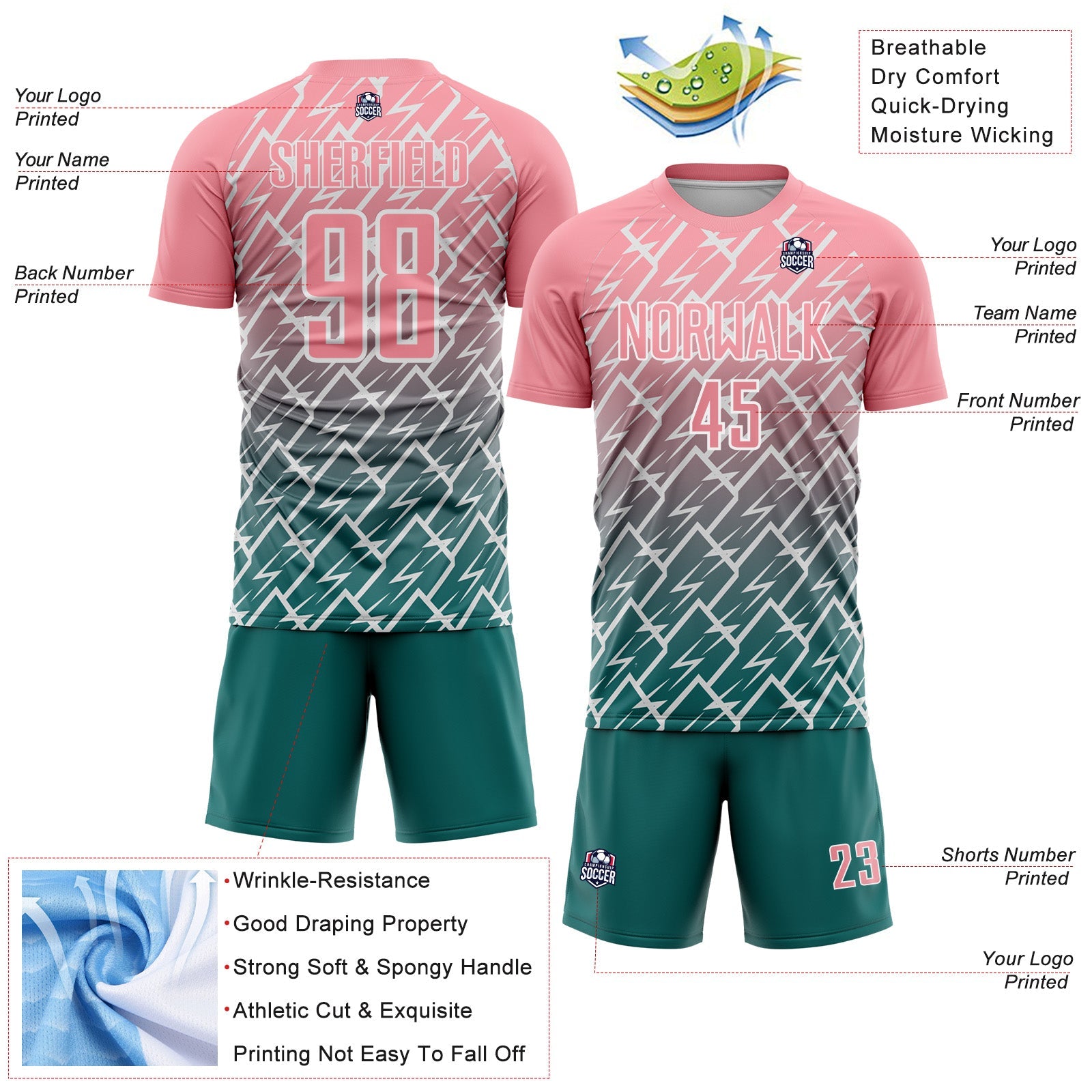 Custom Medium Pink Teal-White Lightning Sports Sublimation Soccer Uniform Jersey