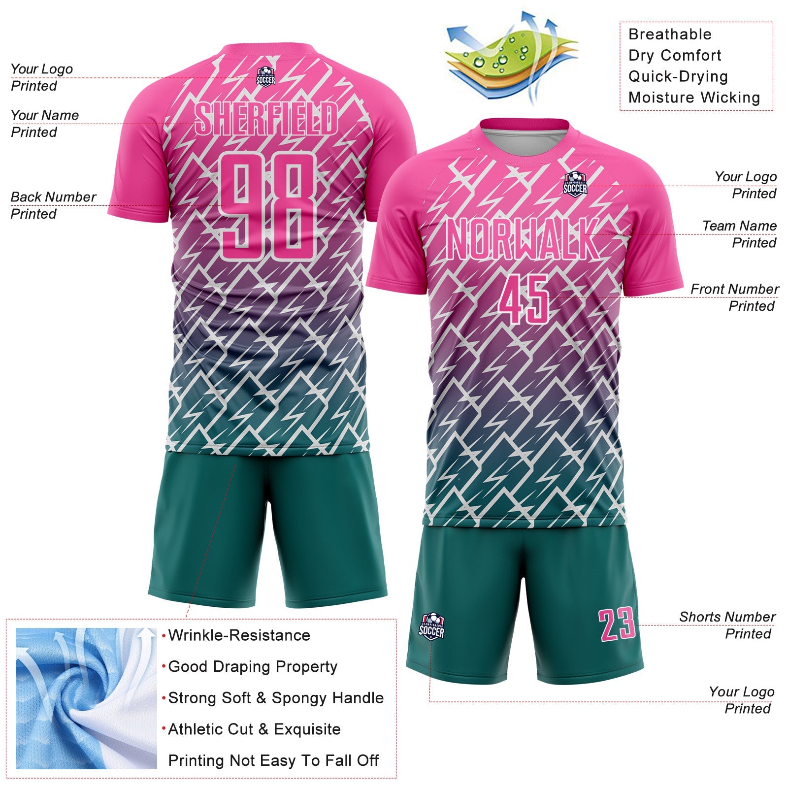 Custom Pink Teal-White Lightning Sports Sublimation Soccer Uniform Jersey