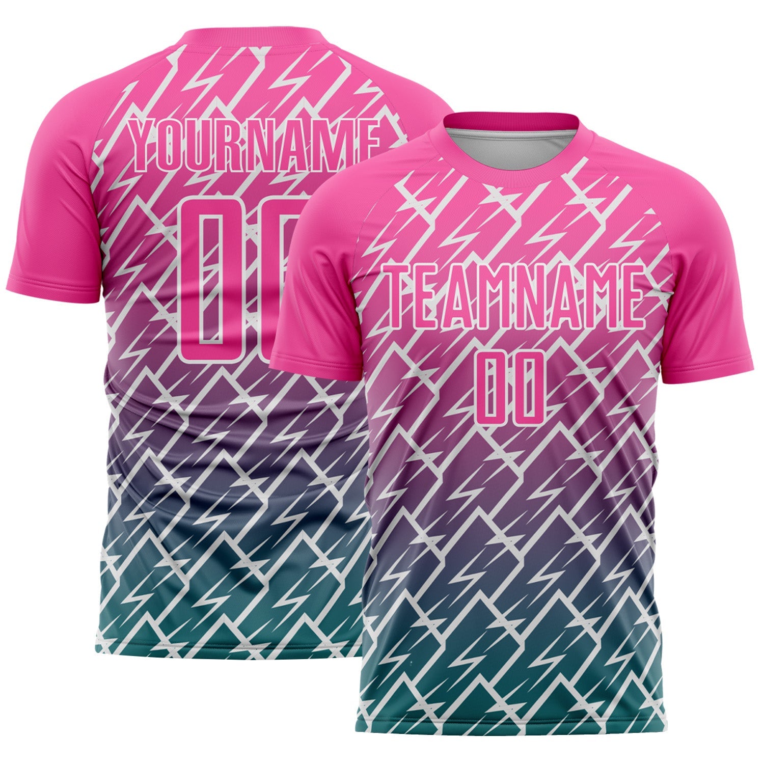 Custom Pink Teal-White Lightning Sports Sublimation Soccer Uniform Jersey