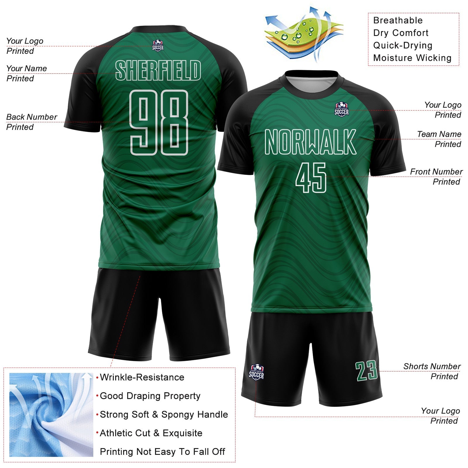 Custom Kelly Green Black-White Wavy Lines Sports Sublimation Soccer Uniform Jersey