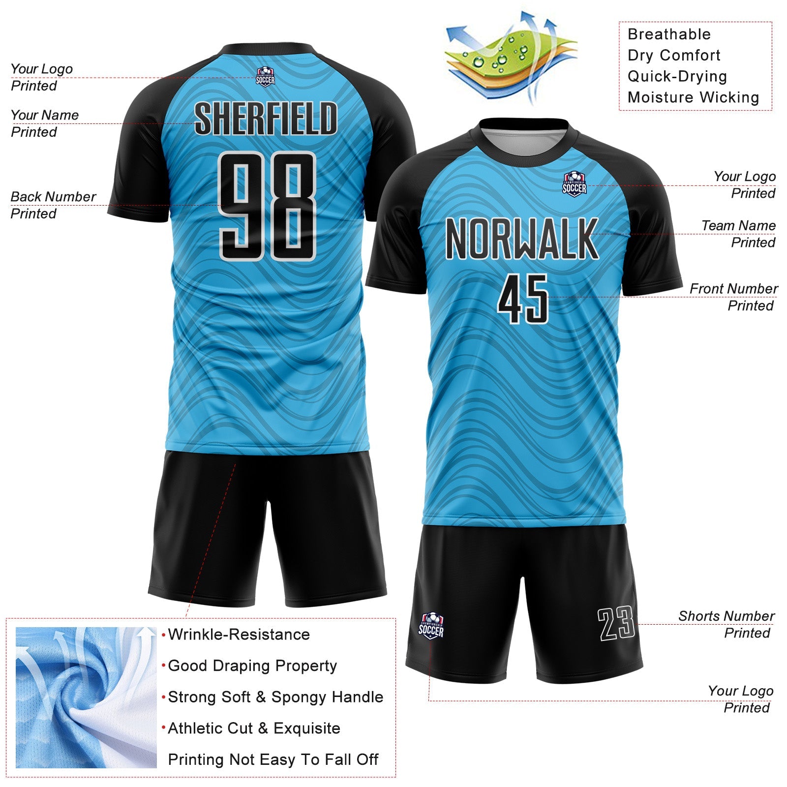 Custom Sky Blue Black-White Wavy Lines Sports Sublimation Soccer Uniform Jersey