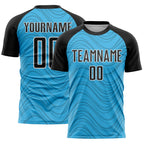 Custom Sky Blue Black-White Wavy Lines Sports Sublimation Soccer Uniform Jersey