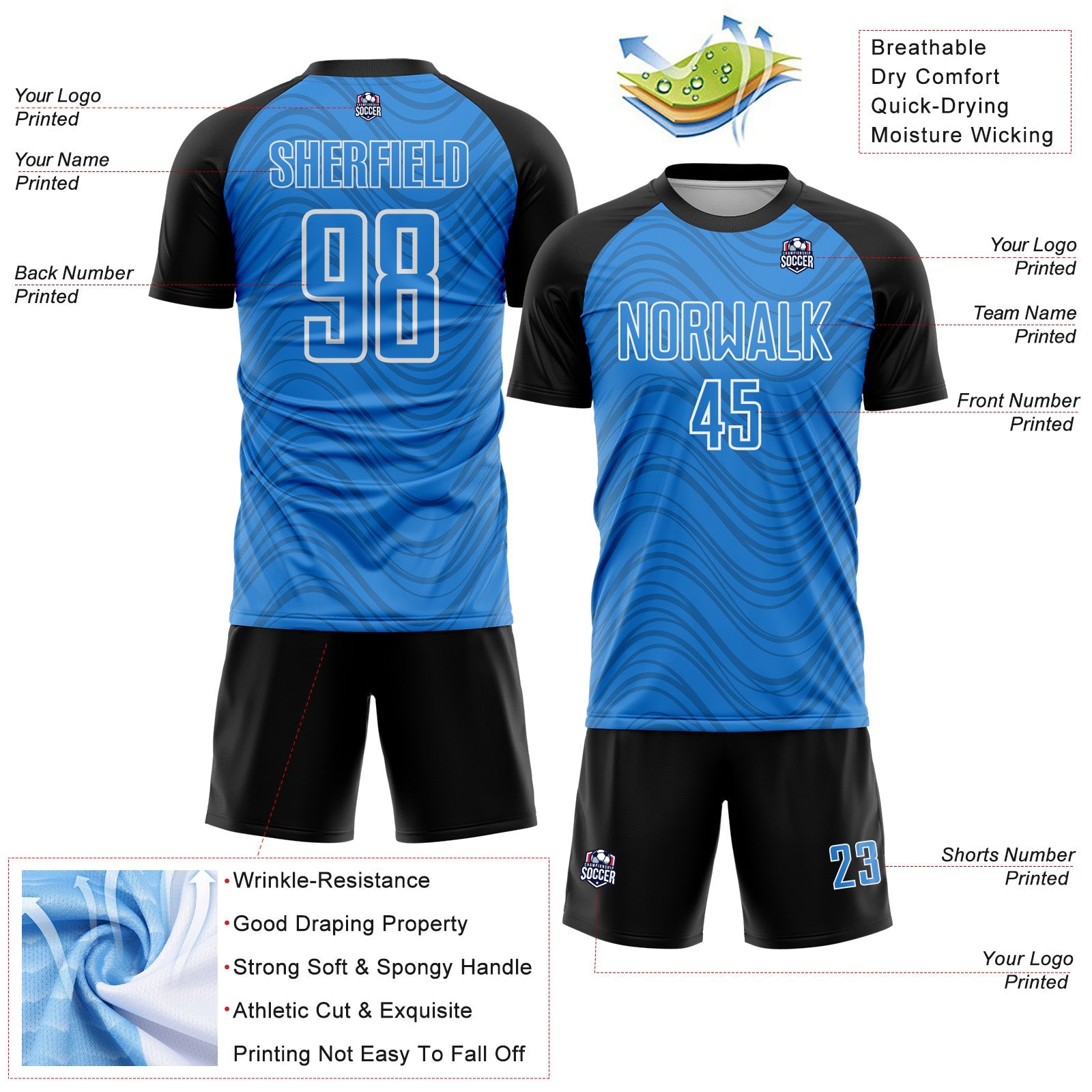 Custom Powder Blue Black-White Wavy Lines Sports Sublimation Soccer Uniform Jersey