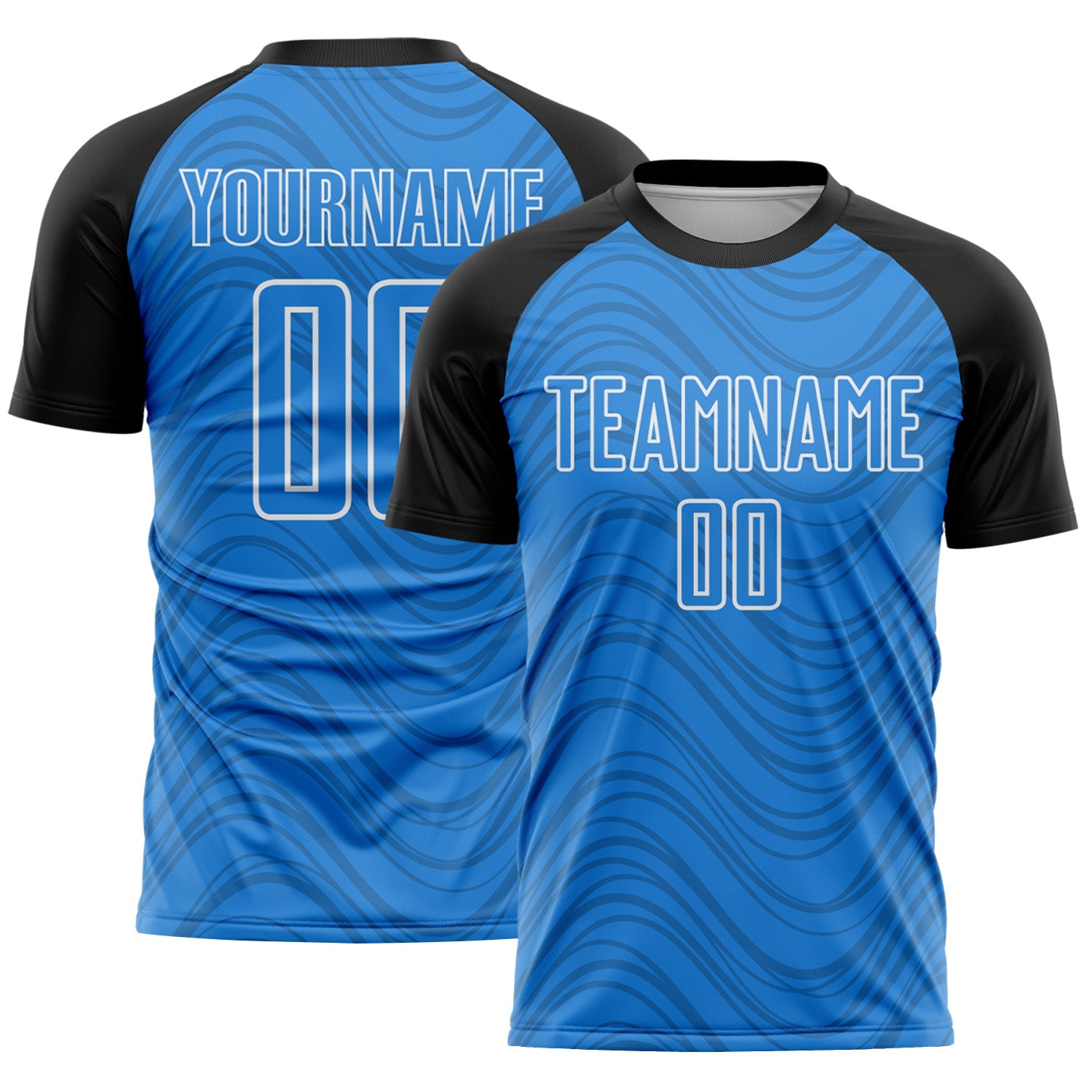 Custom Powder Blue Black-White Wavy Lines Sports Sublimation Soccer Uniform Jersey