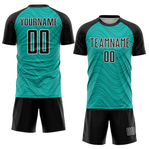 Custom Aqua Black-White Wavy Lines Sports Sublimation Soccer Uniform Jersey