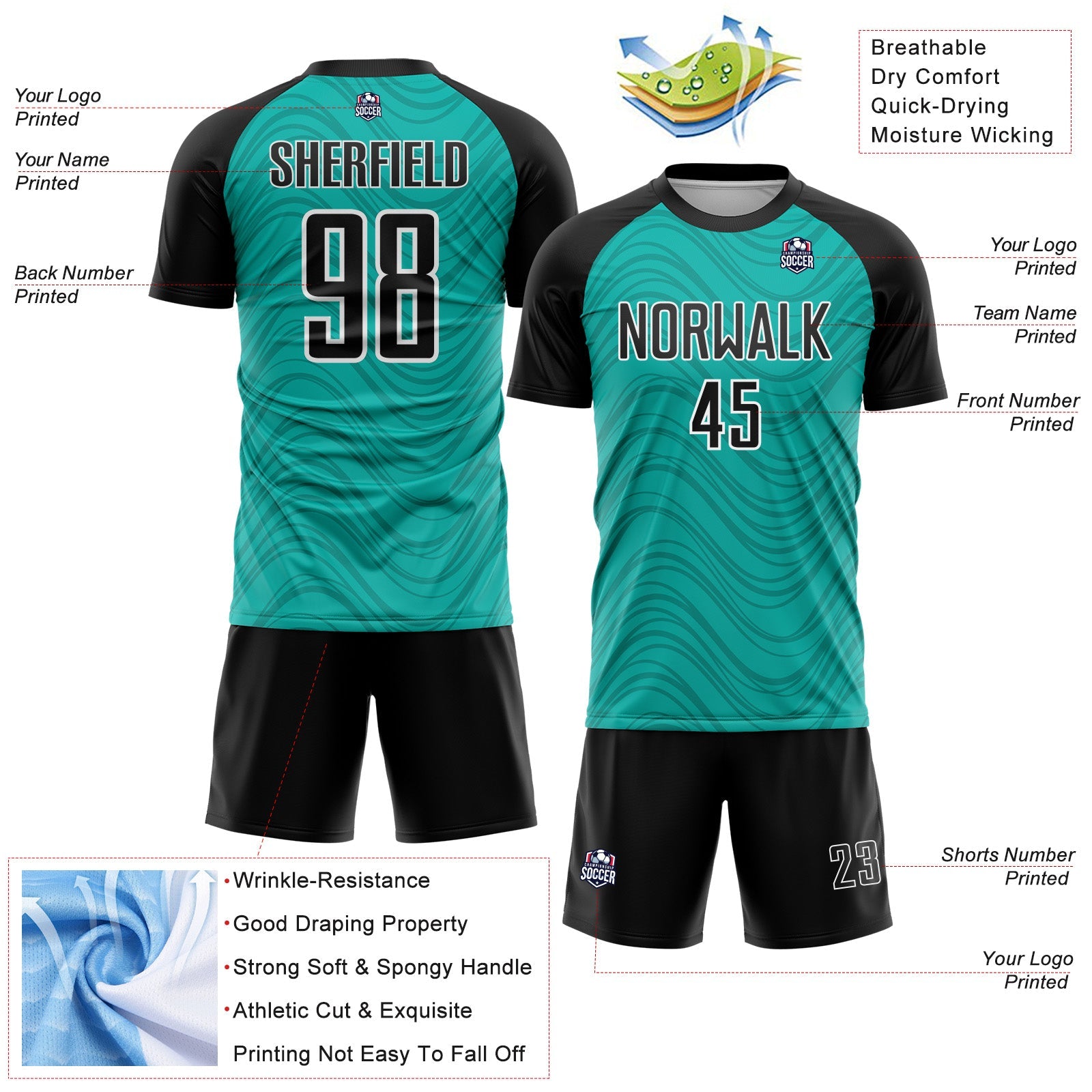 Custom Aqua Black-White Wavy Lines Sports Sublimation Soccer Uniform Jersey