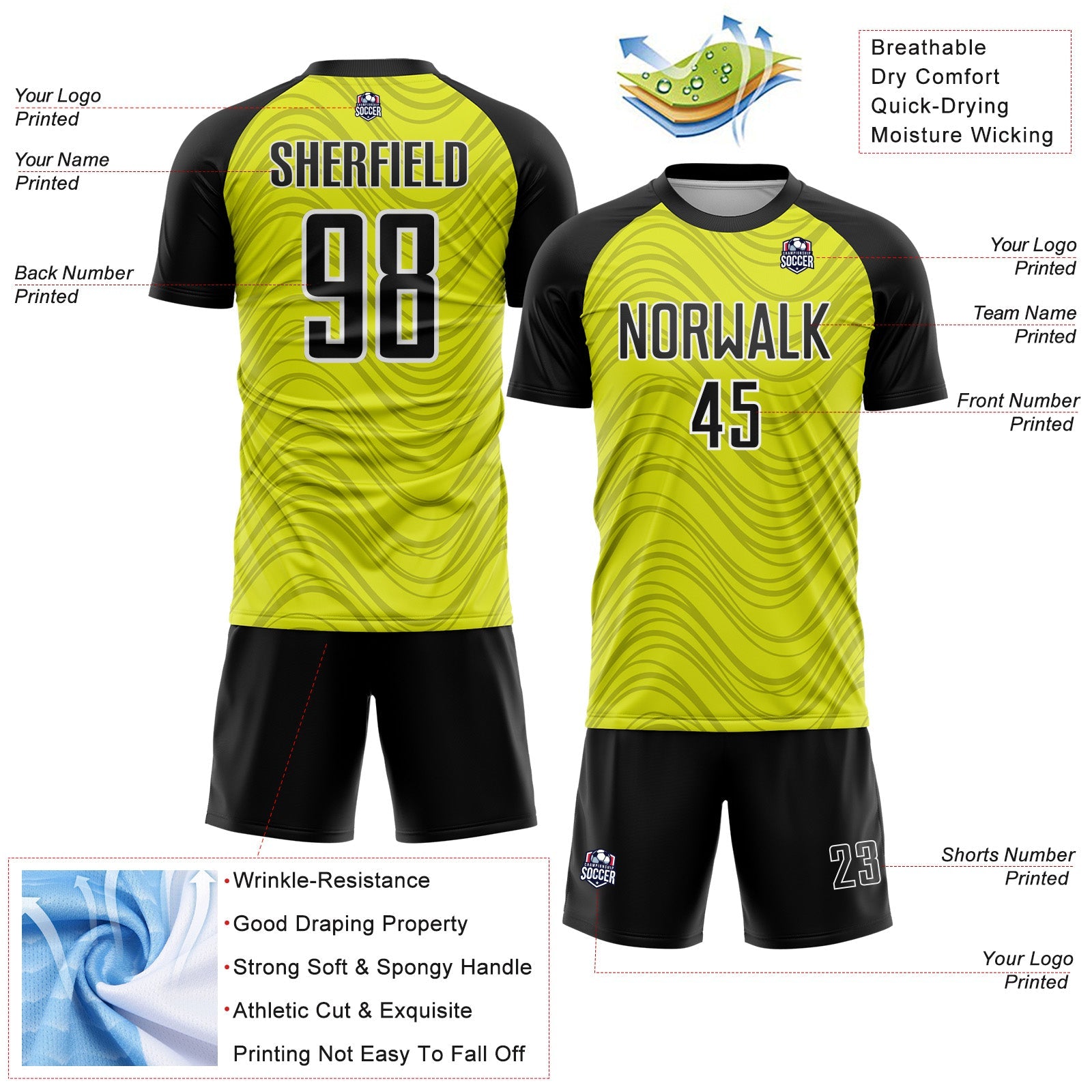 Custom Neon Yellow Black-White Wavy Lines Sports Sublimation Soccer Uniform Jersey