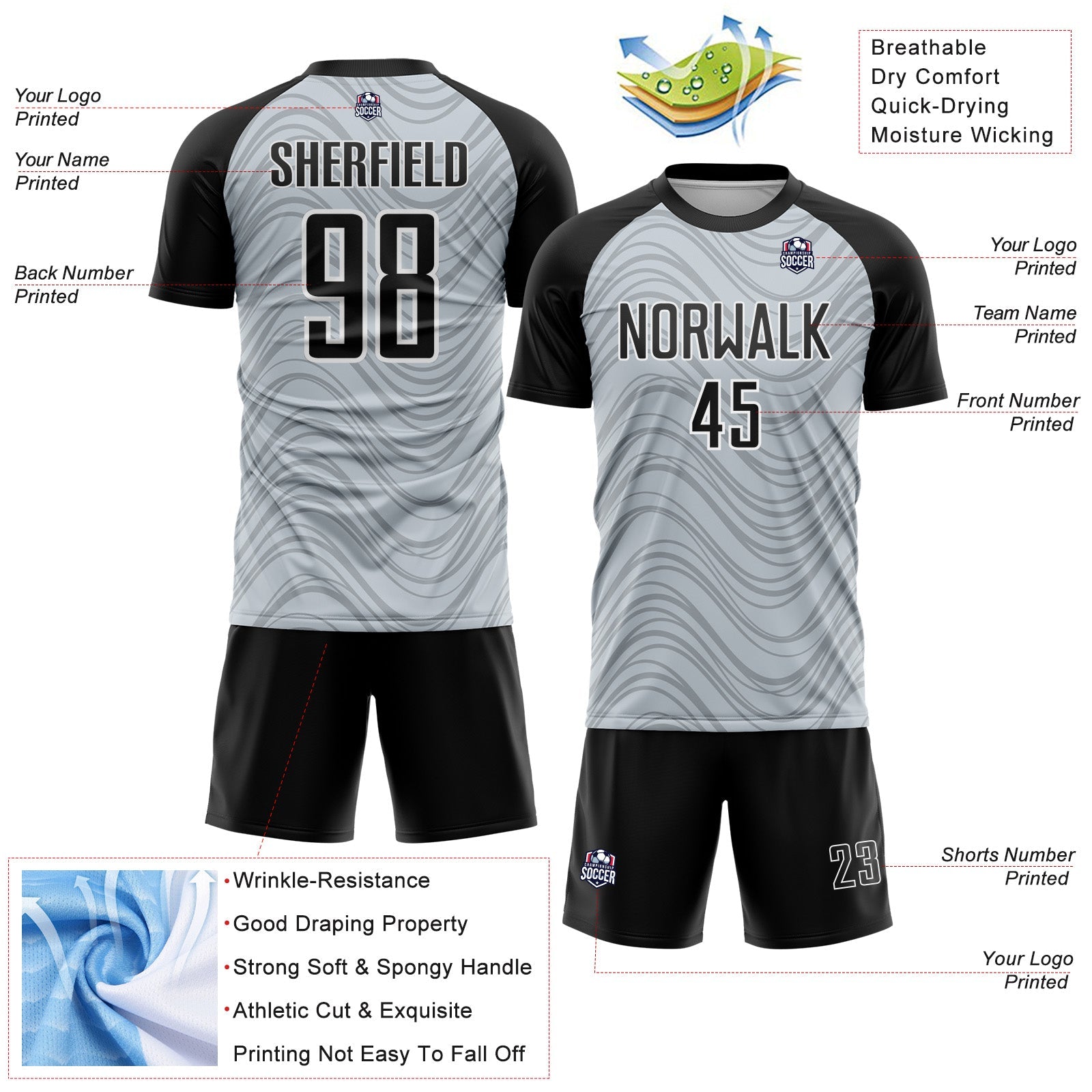 Custom Silver Black-White Wavy Lines Sports Sublimation Soccer Uniform Jersey