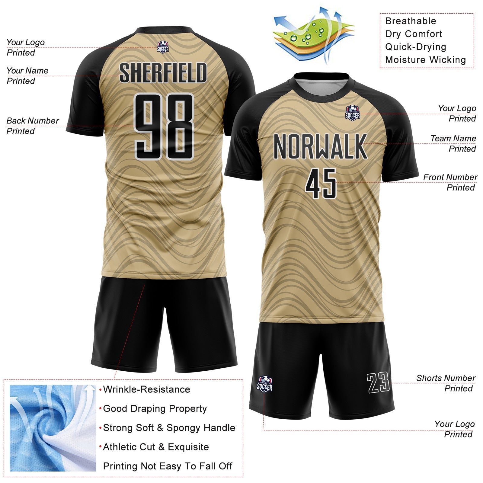 Custom Vegas Gold Black-White Wavy Lines Sports Sublimation Soccer Uniform Jersey