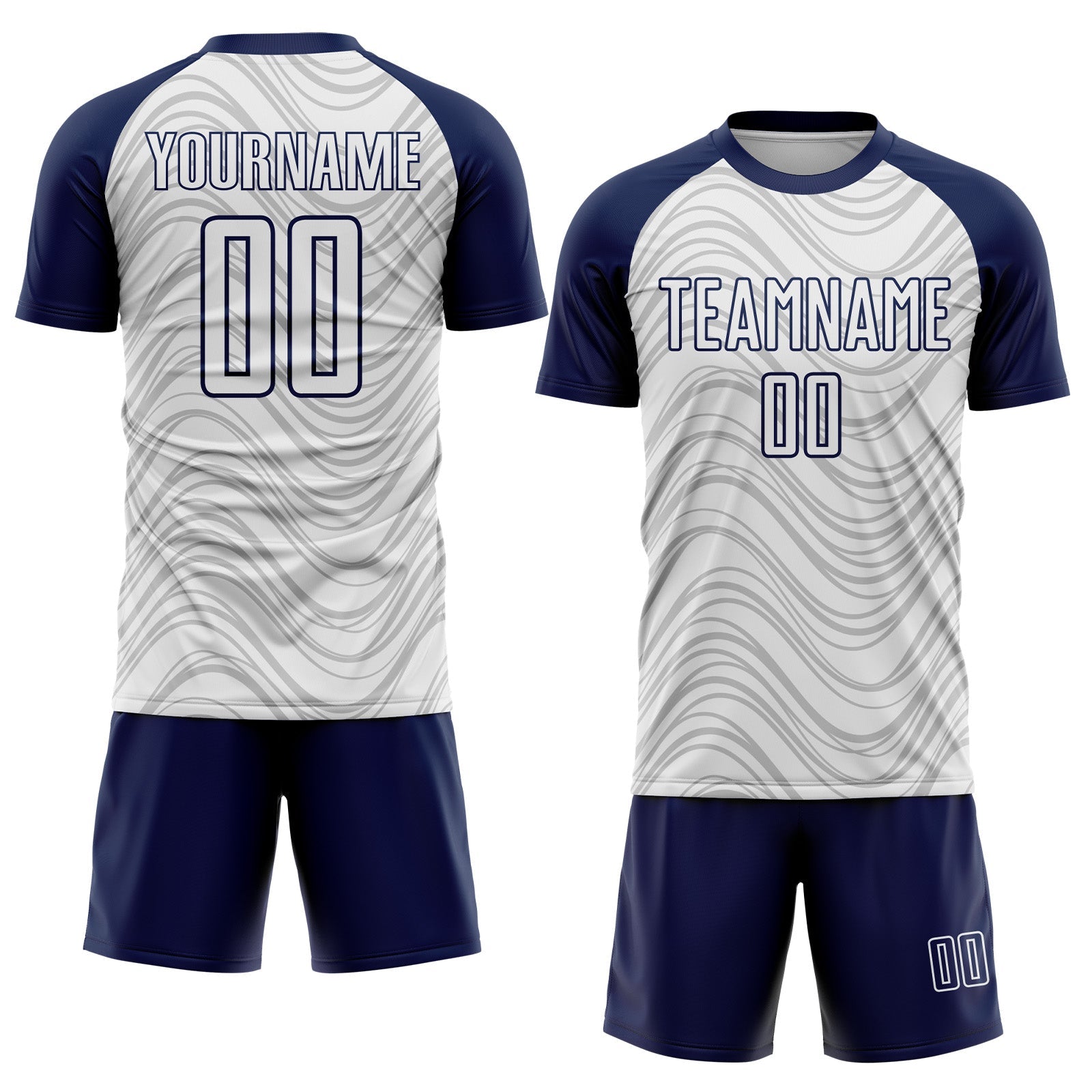 Custom White Navy Wavy Lines Sports Sublimation Soccer Uniform Jersey
