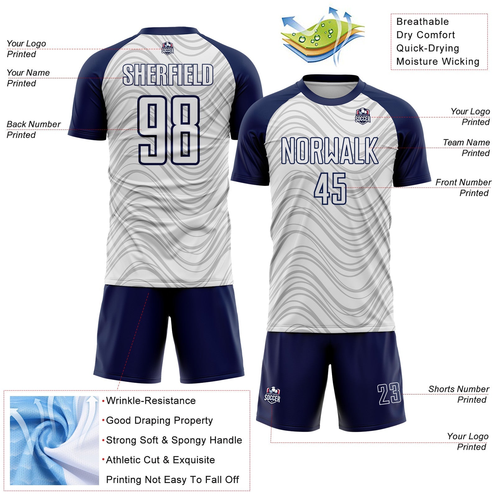 Custom White Navy Wavy Lines Sports Sublimation Soccer Uniform Jersey