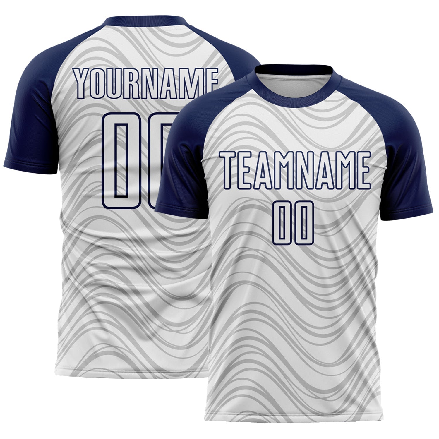 Custom White Navy Wavy Lines Sports Sublimation Soccer Uniform Jersey