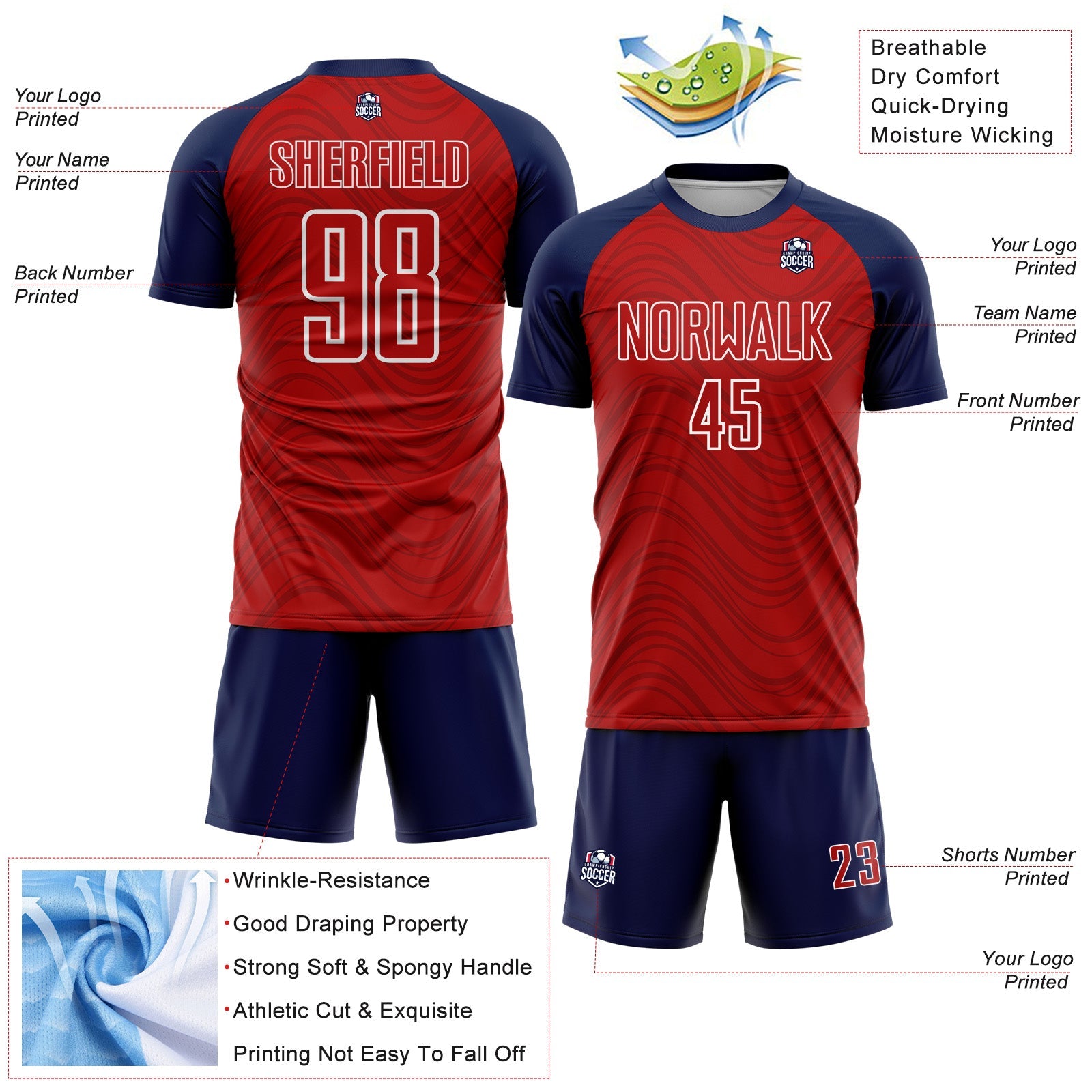 Custom Red Navy-White Wavy Lines Sports Sublimation Soccer Uniform Jersey