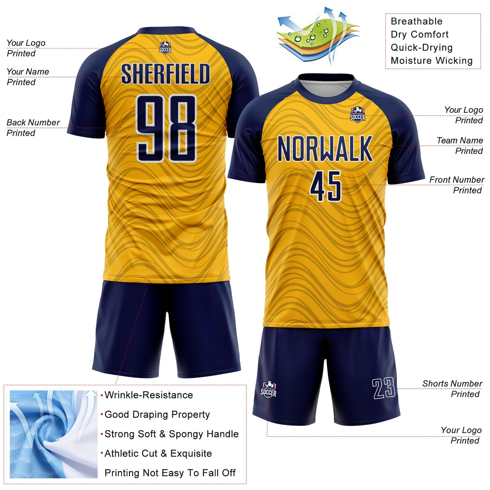Custom Gold Navy-White Wavy Lines Sports Sublimation Soccer Uniform Jersey