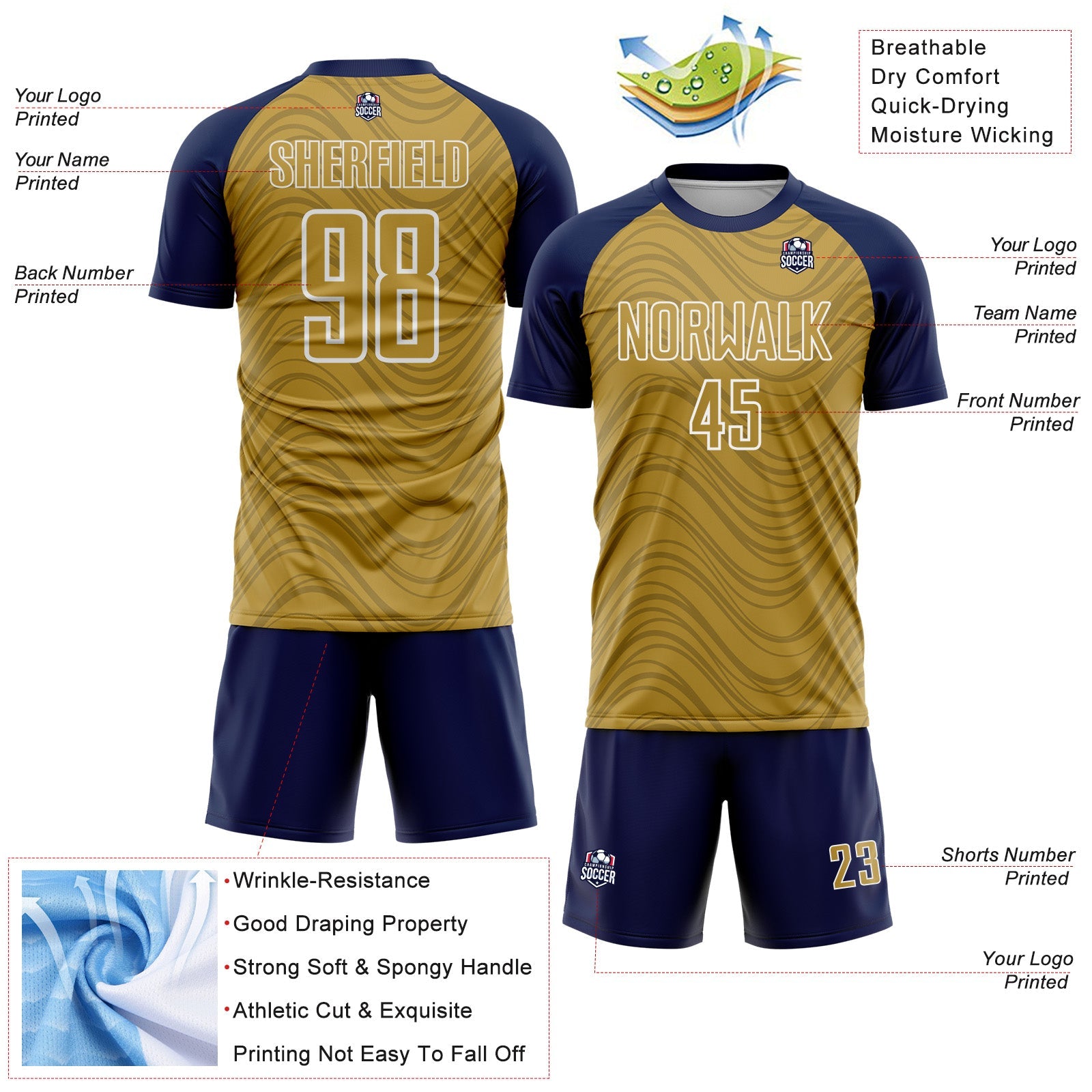 Custom Old Gold Navy-White Wavy Lines Sports Sublimation Soccer Uniform Jersey