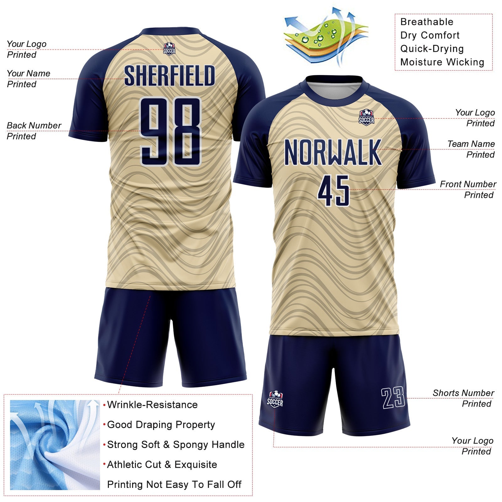 Custom Cream Navy-White Wavy Lines Sports Sublimation Soccer Uniform Jersey