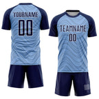 Custom Light Blue Navy-White Wavy Lines Sports Sublimation Soccer Uniform Jersey