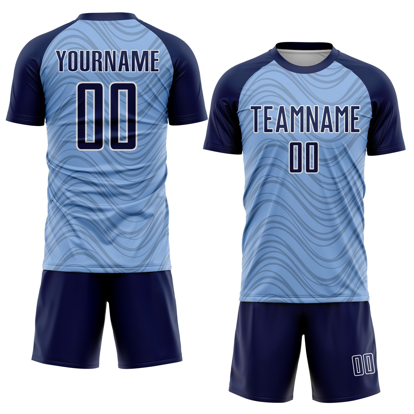 Custom Light Blue Navy-White Wavy Lines Sports Sublimation Soccer Uniform Jersey