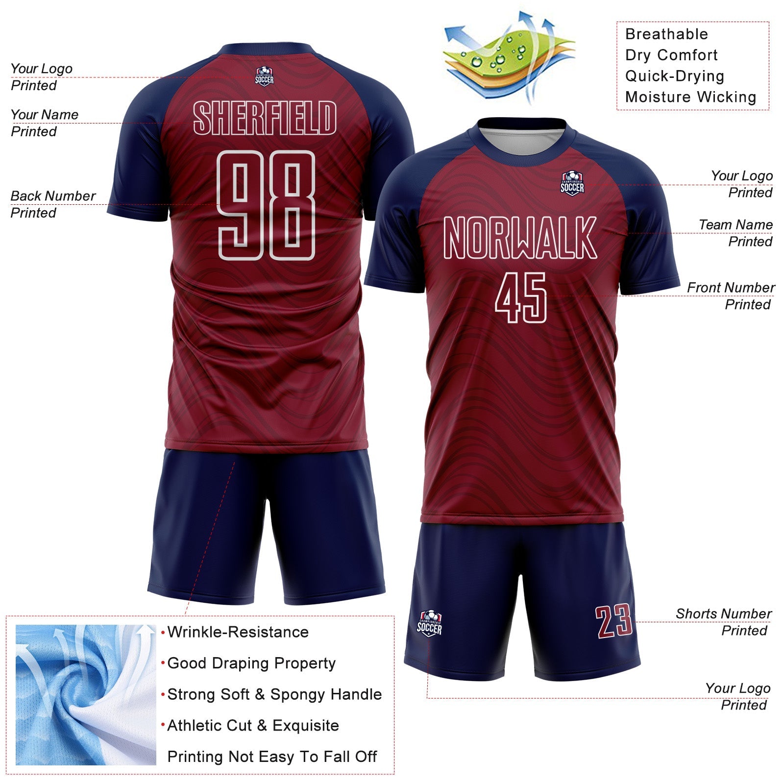 Custom Crimson Navy-White Wavy Lines Sports Sublimation Soccer Uniform Jersey