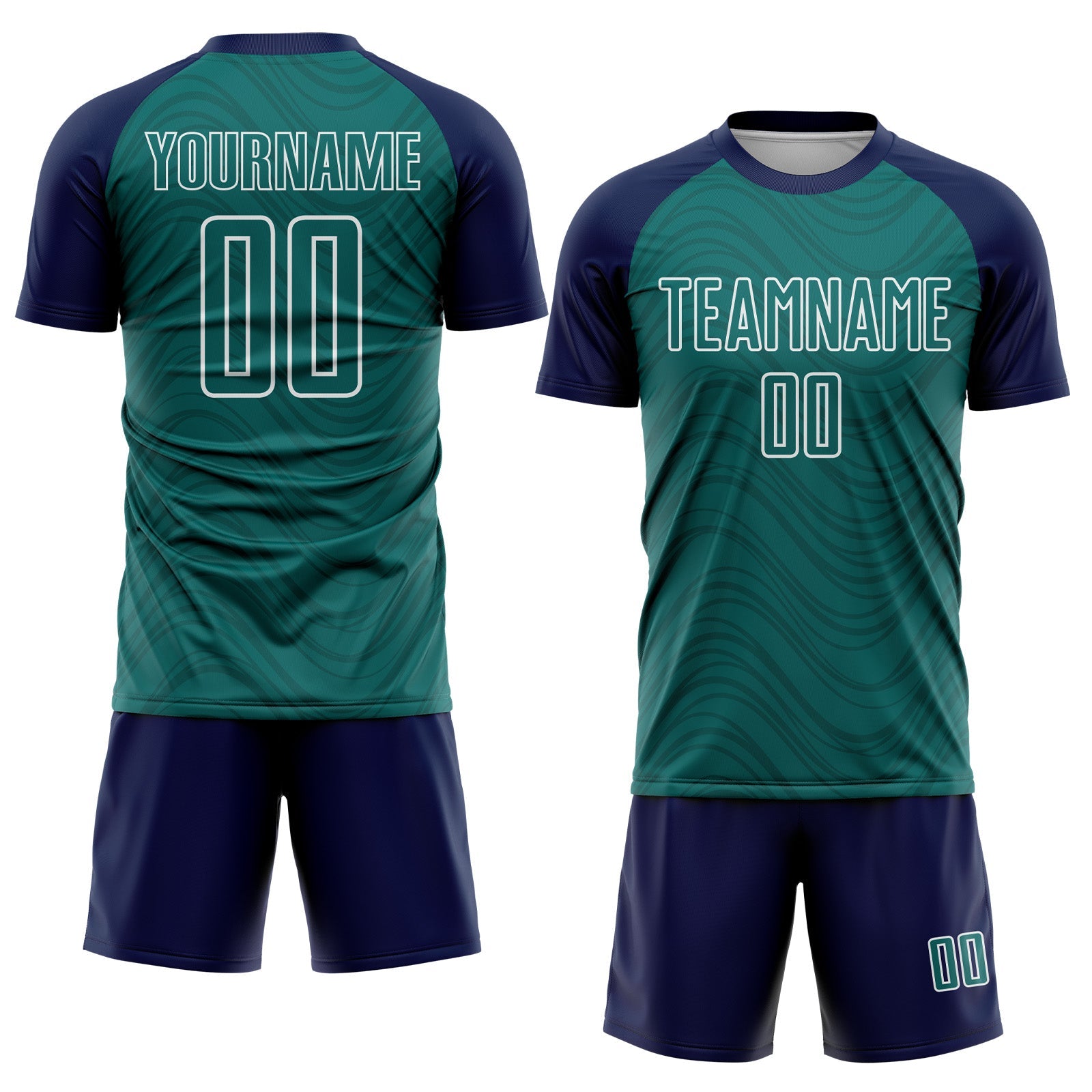 Custom Teal Navy-White Wavy Lines Sports Sublimation Soccer Uniform Jersey
