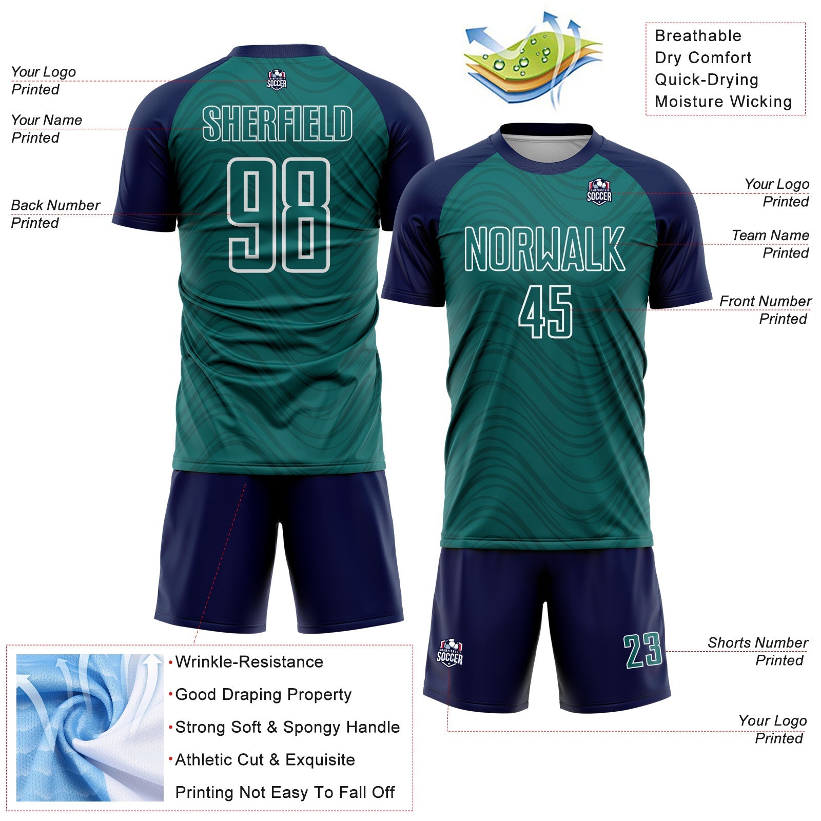 Custom Teal Navy-White Wavy Lines Sports Sublimation Soccer Uniform Jersey