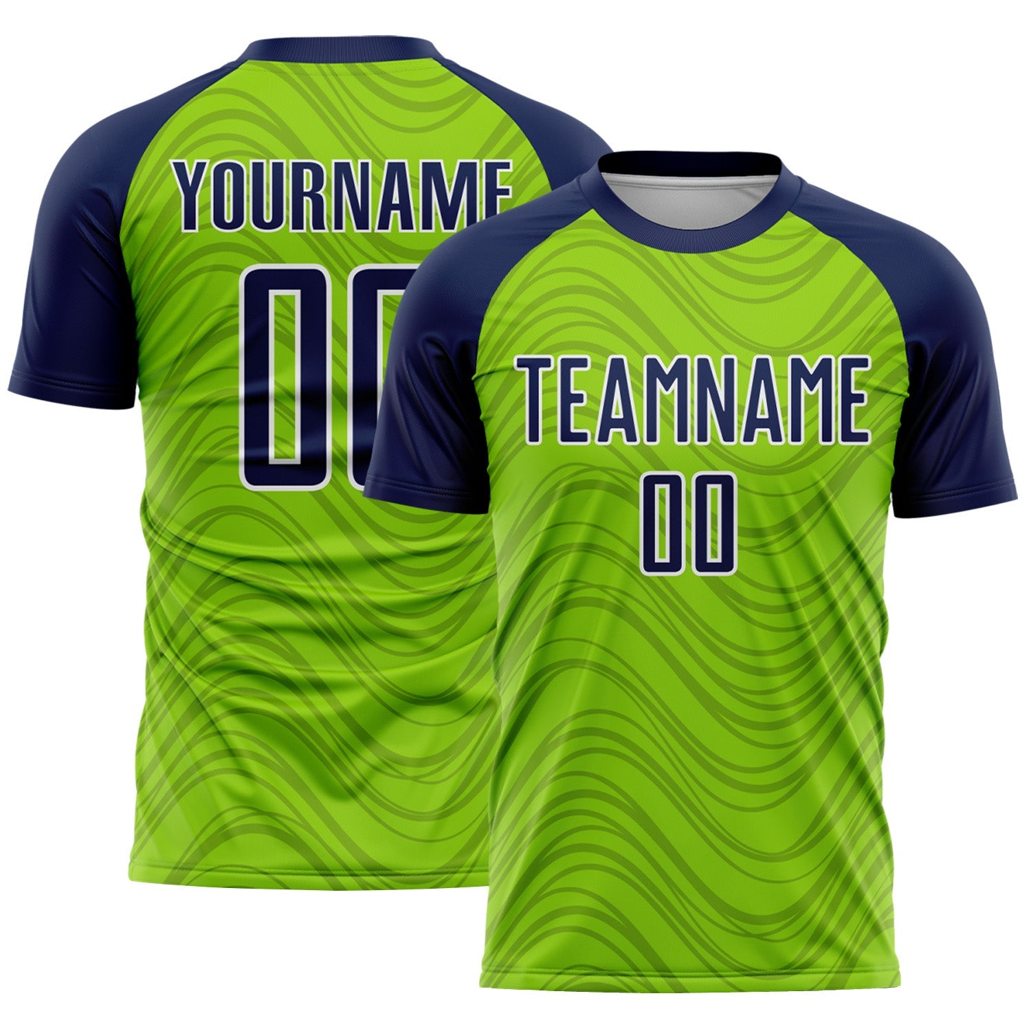 Custom Neon Green Navy-White Wavy Lines Sports Sublimation Soccer Uniform Jersey