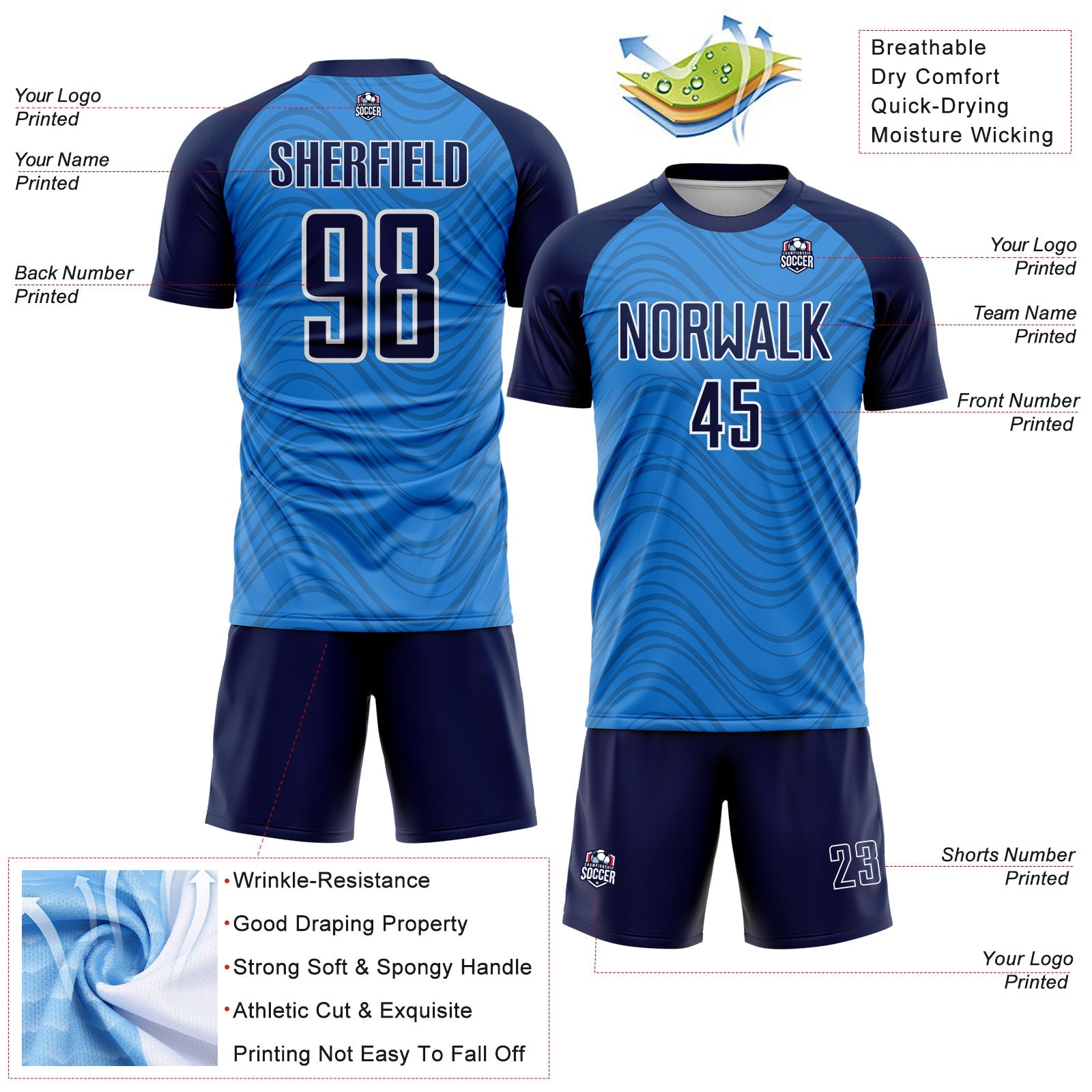 Custom Powder Blue Navy-White Wavy Lines Sports Sublimation Soccer Uniform Jersey