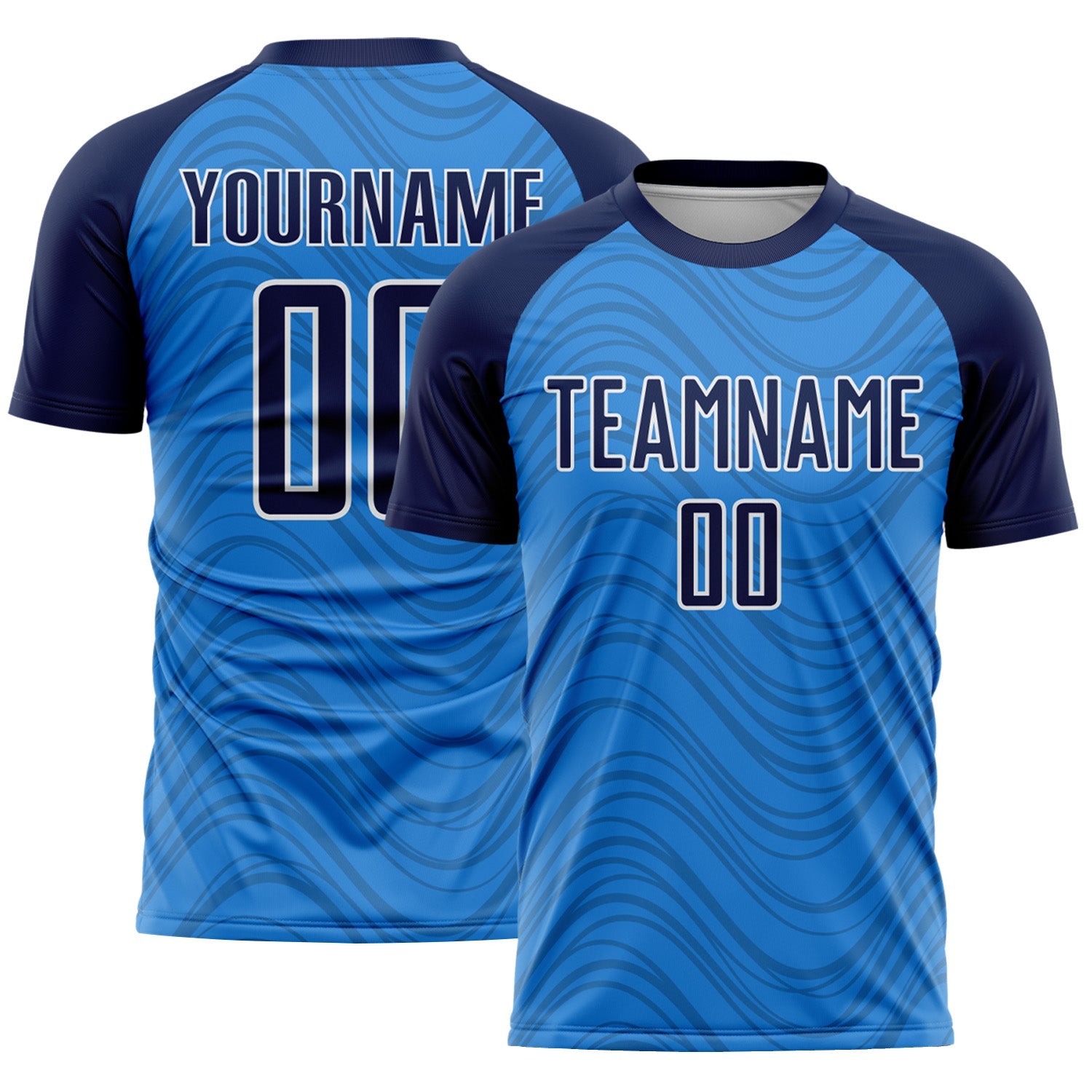 Custom Powder Blue Navy-White Wavy Lines Sports Sublimation Soccer Uniform Jersey