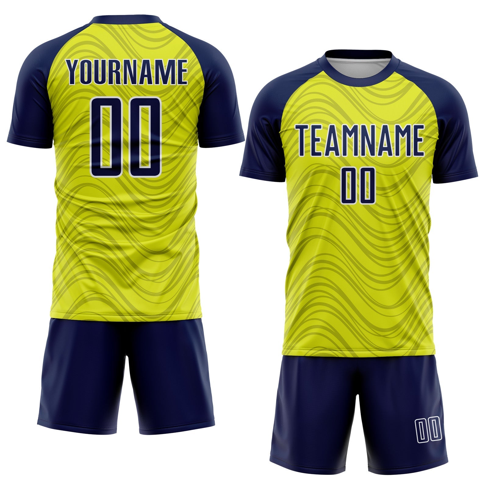 Custom Neon Yellow Navy-White Wavy Lines Sports Sublimation Soccer Uniform Jersey