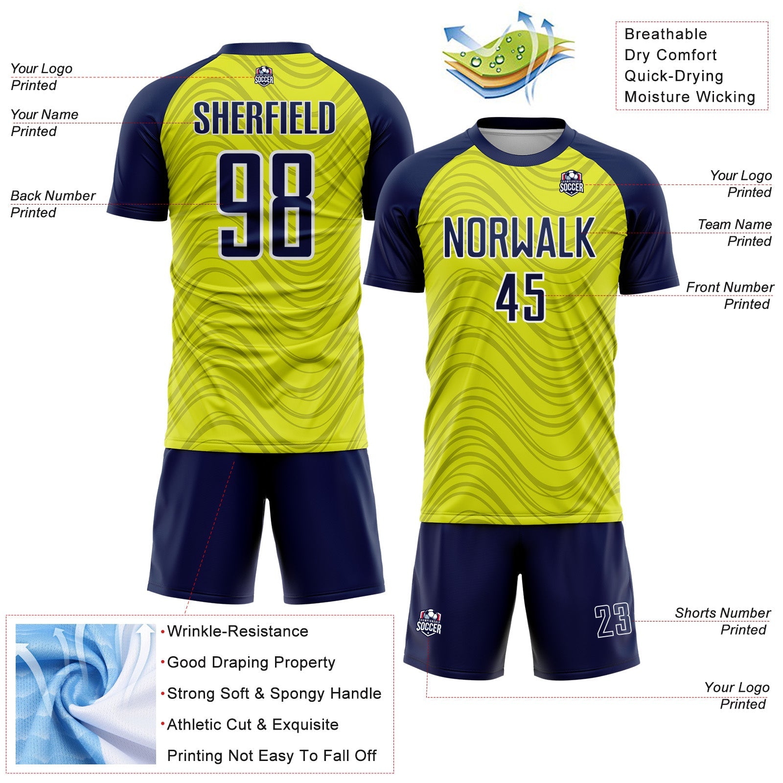 Custom Neon Yellow Navy-White Wavy Lines Sports Sublimation Soccer Uniform Jersey
