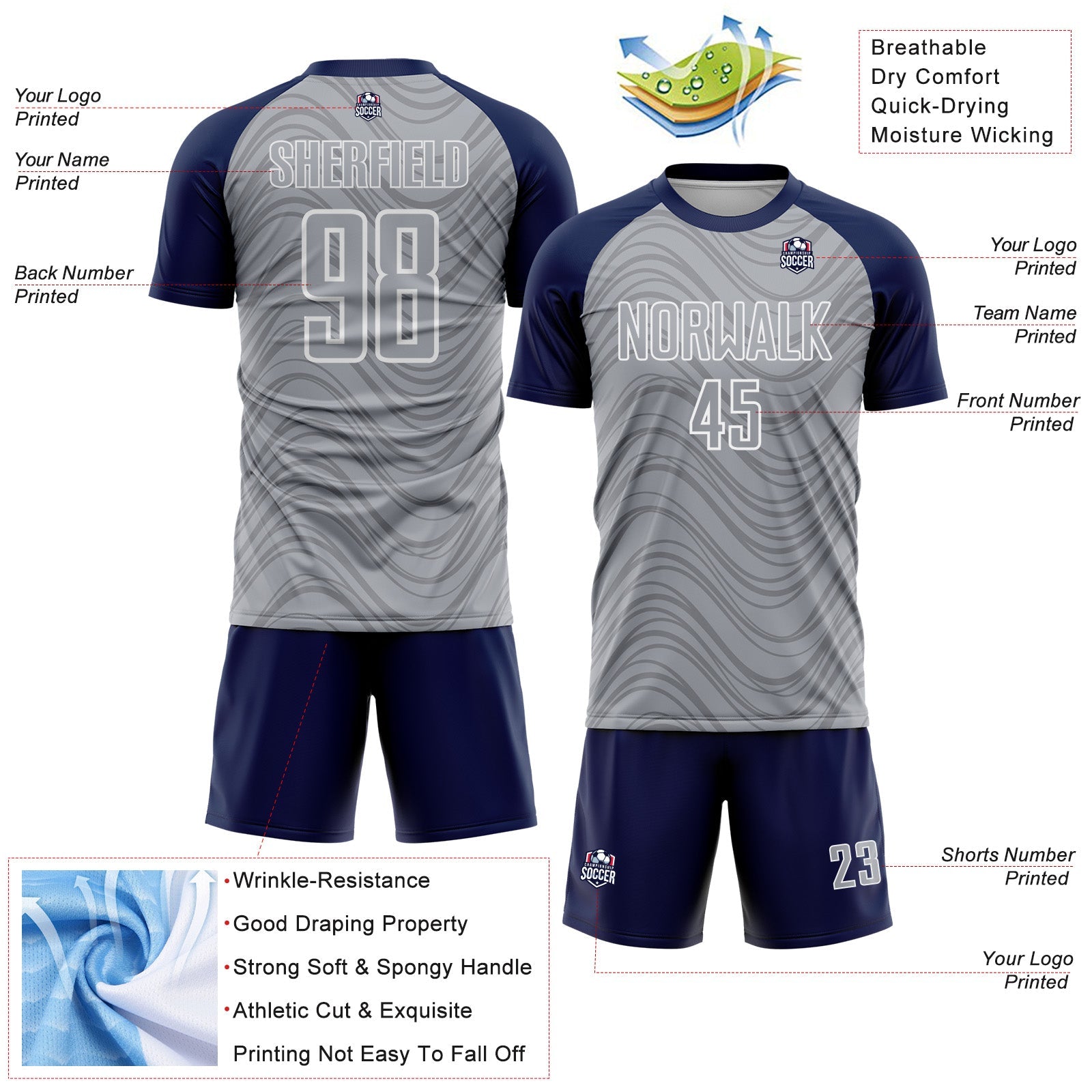 Custom Gray Navy-White Wavy Lines Sports Sublimation Soccer Uniform Jersey