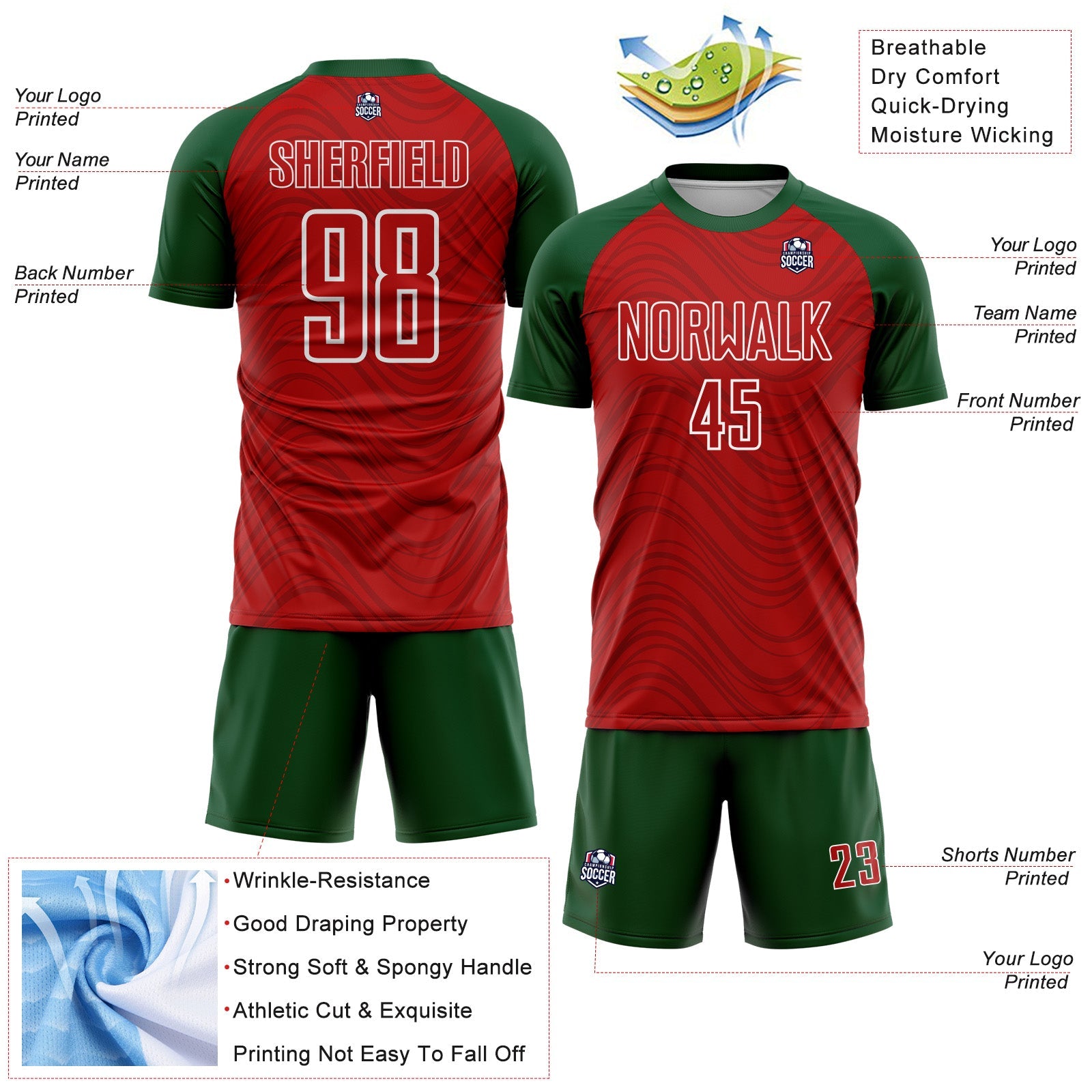 Custom Red Green-White Wavy Lines Sports Sublimation Soccer Uniform Jersey