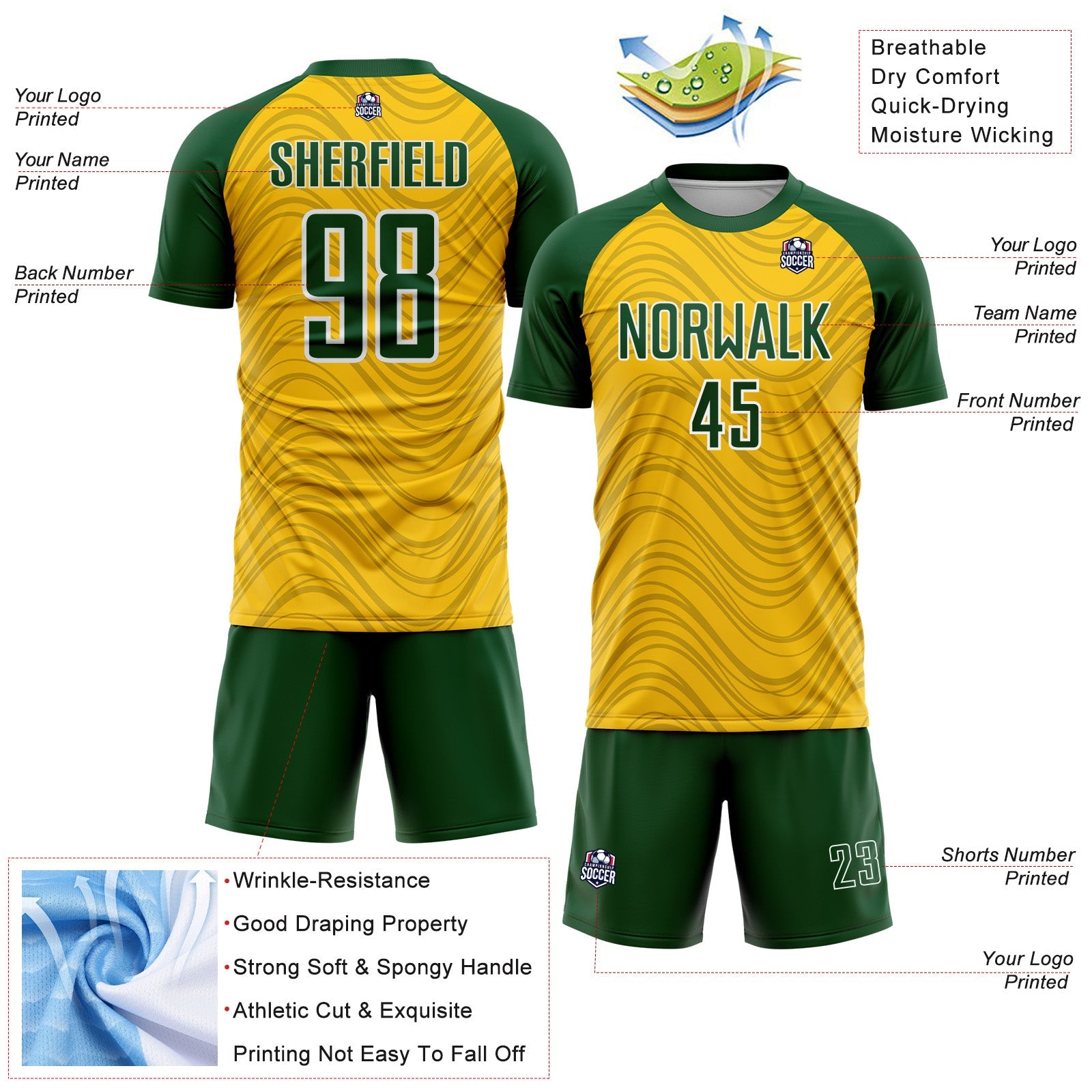Custom Yellow Green-White Wavy Lines Sports Sublimation Soccer Uniform Jersey