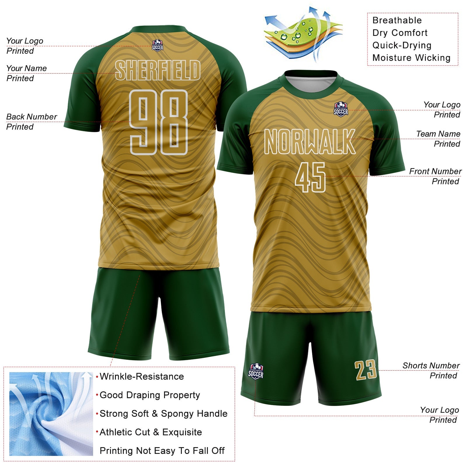 Custom Old Gold Green-White Wavy Lines Sports Sublimation Soccer Uniform Jersey