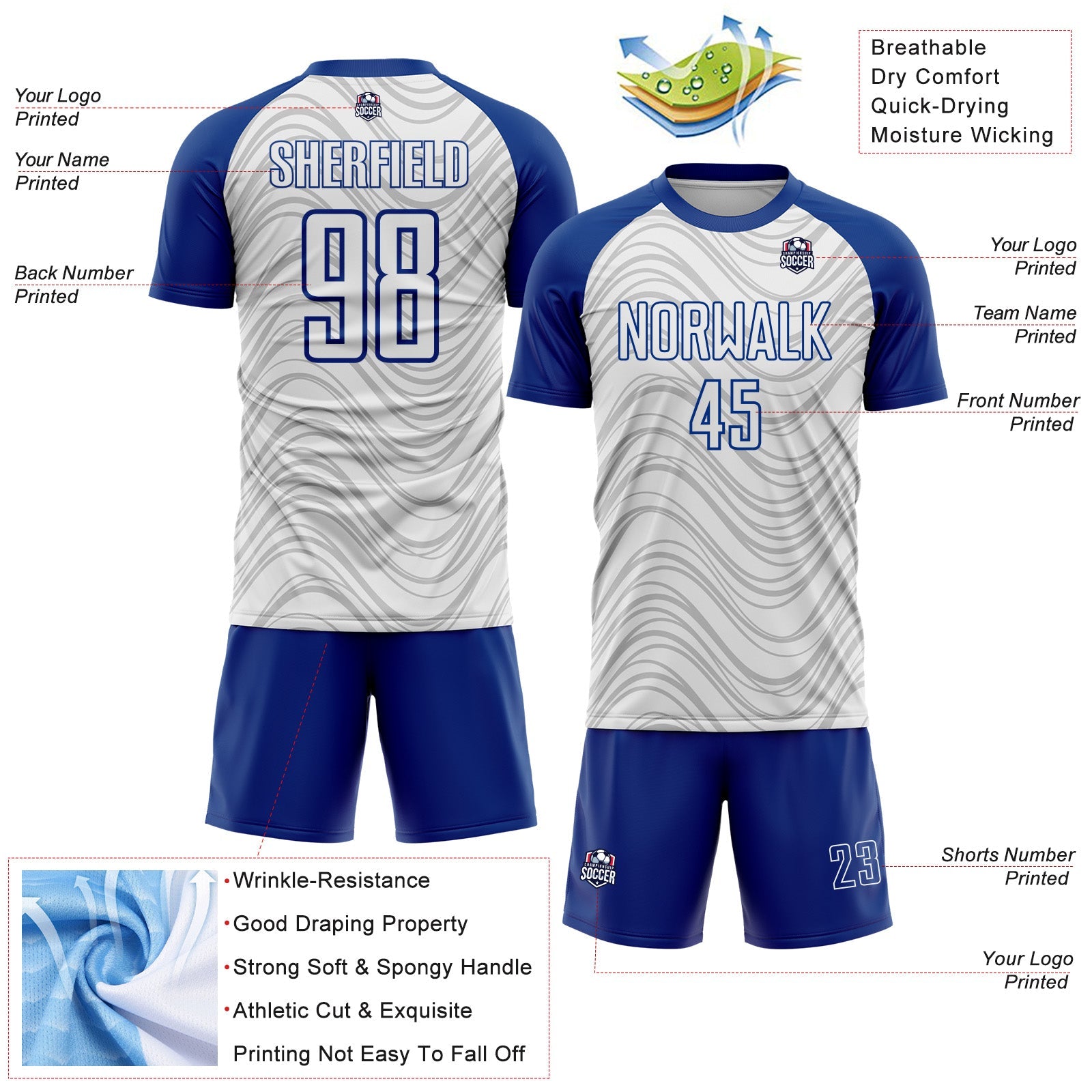 Custom White Royal Wavy Lines Sports Sublimation Soccer Uniform Jersey