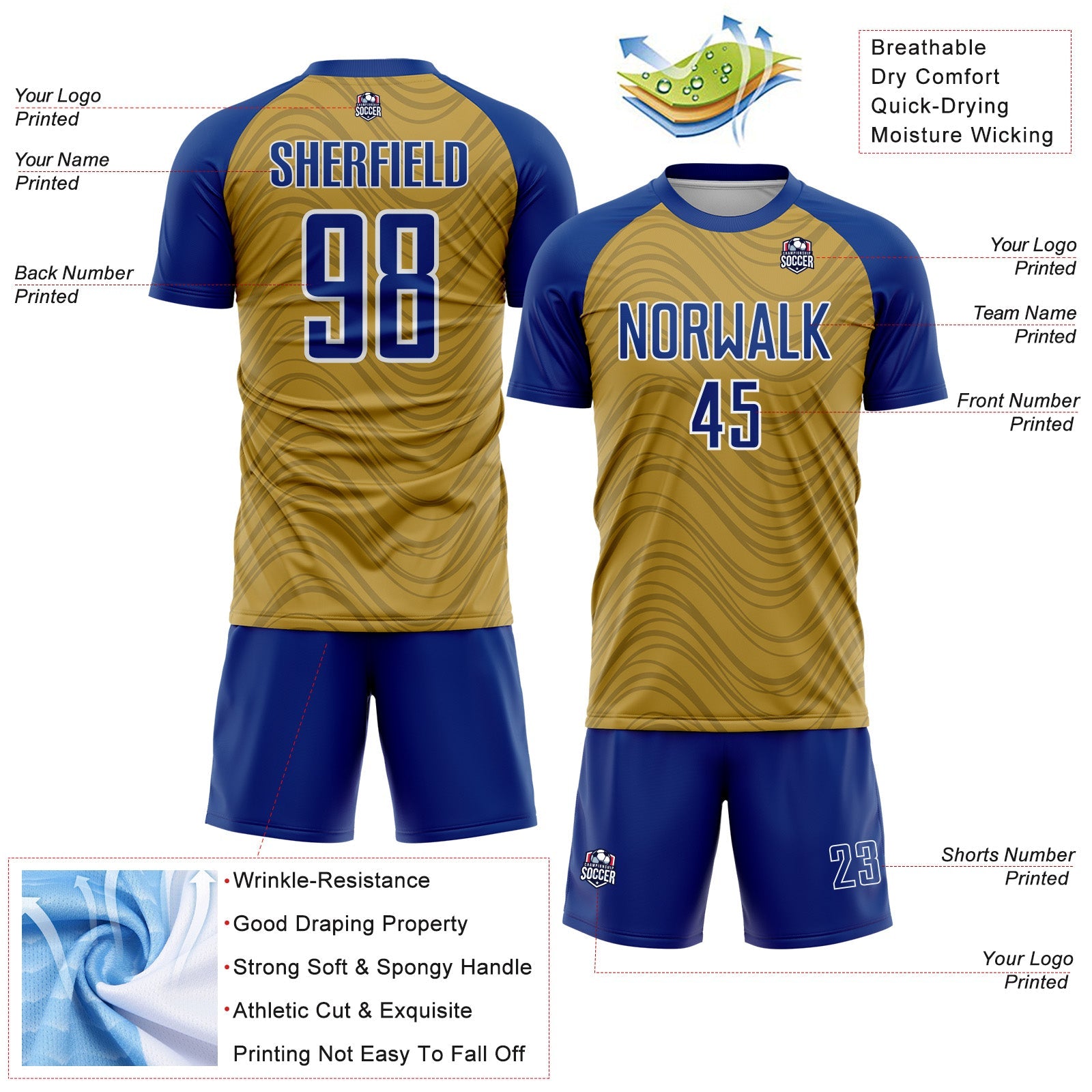 Custom Old Gold Royal-White Wavy Lines Sports Sublimation Soccer Uniform Jersey