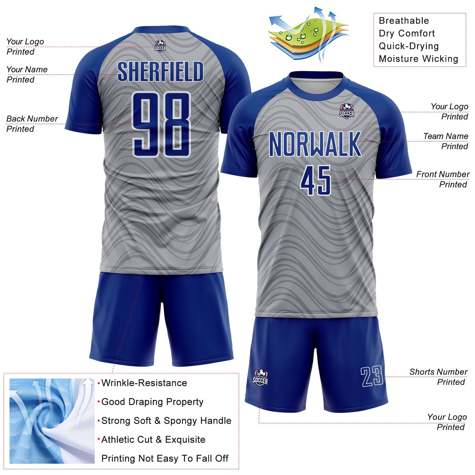Custom Gray Royal-White Wavy Lines Sports Sublimation Soccer Uniform Jersey