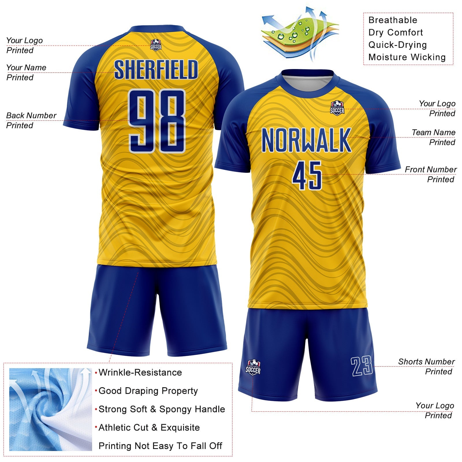 Custom Yellow Royal-White Wavy Lines Sports Sublimation Soccer Uniform Jersey