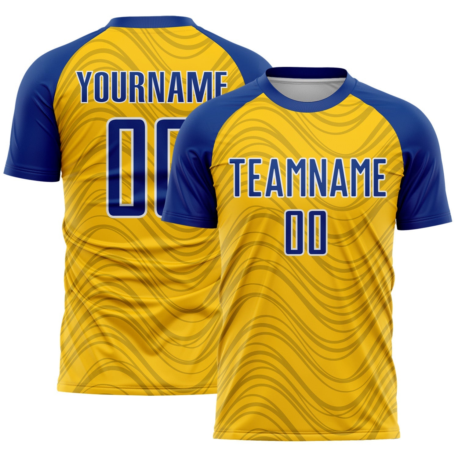 Custom Yellow Royal-White Wavy Lines Sports Sublimation Soccer Uniform Jersey