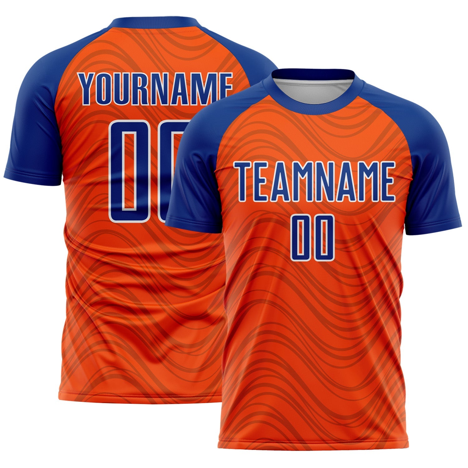 Custom Orange Royal-White Wavy Lines Sports Sublimation Soccer Uniform Jersey