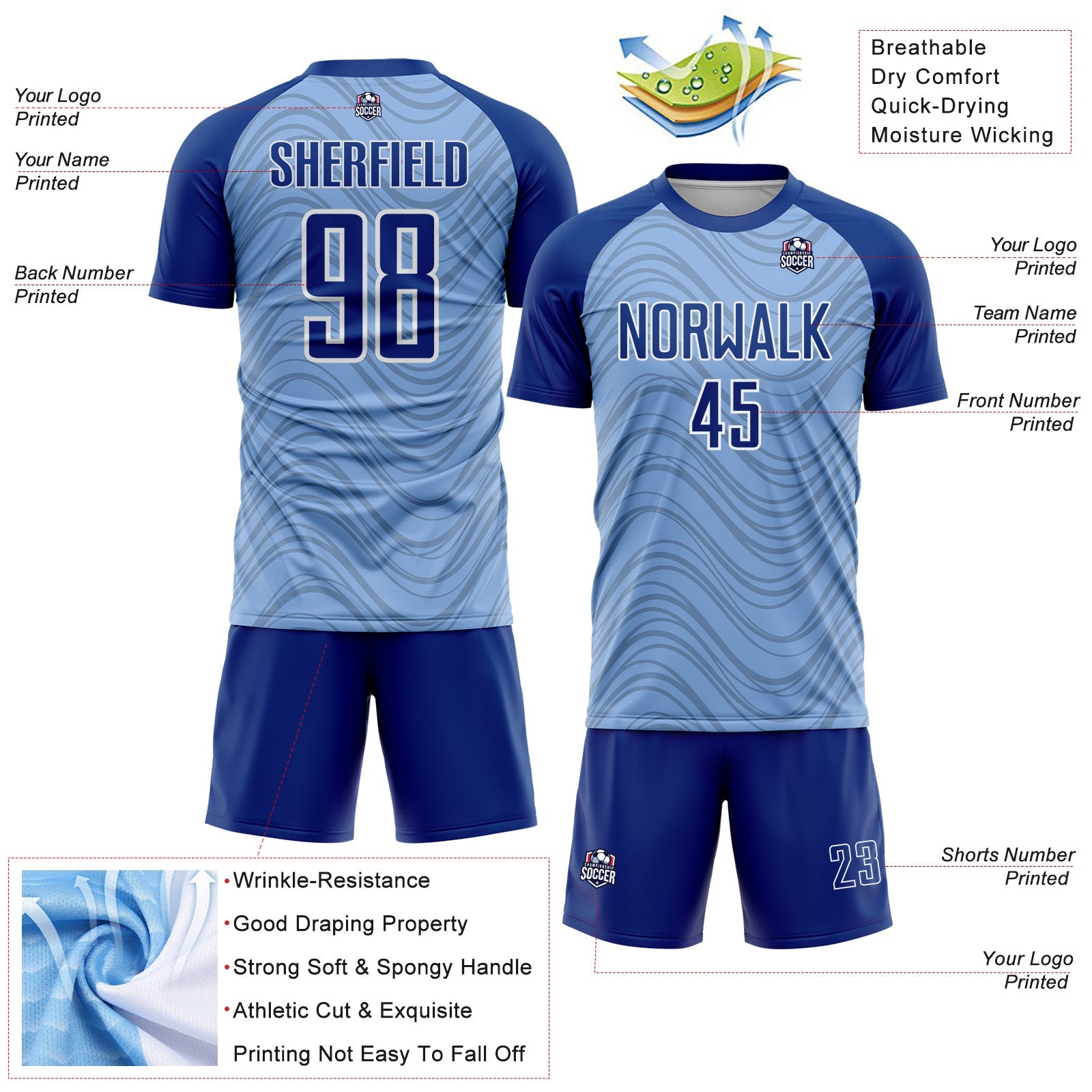 Custom Light Blue Royal-White Wavy Lines Sports Sublimation Soccer Uniform Jersey