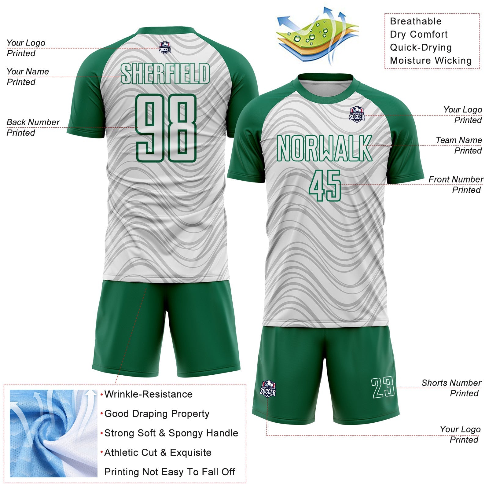 Custom White Kelly Green Wavy Lines Sports Sublimation Soccer Uniform Jersey