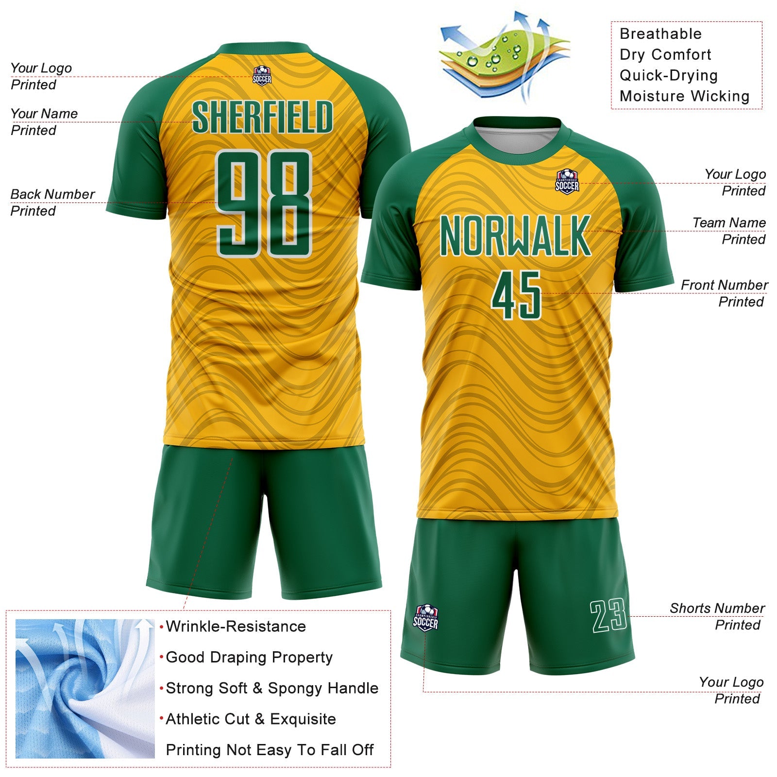 Custom Gold Kelly Green-White Wavy Lines Sports Sublimation Soccer Uniform Jersey