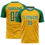 Custom Gold Kelly Green-White Wavy Lines Sports Sublimation Soccer Uniform Jersey