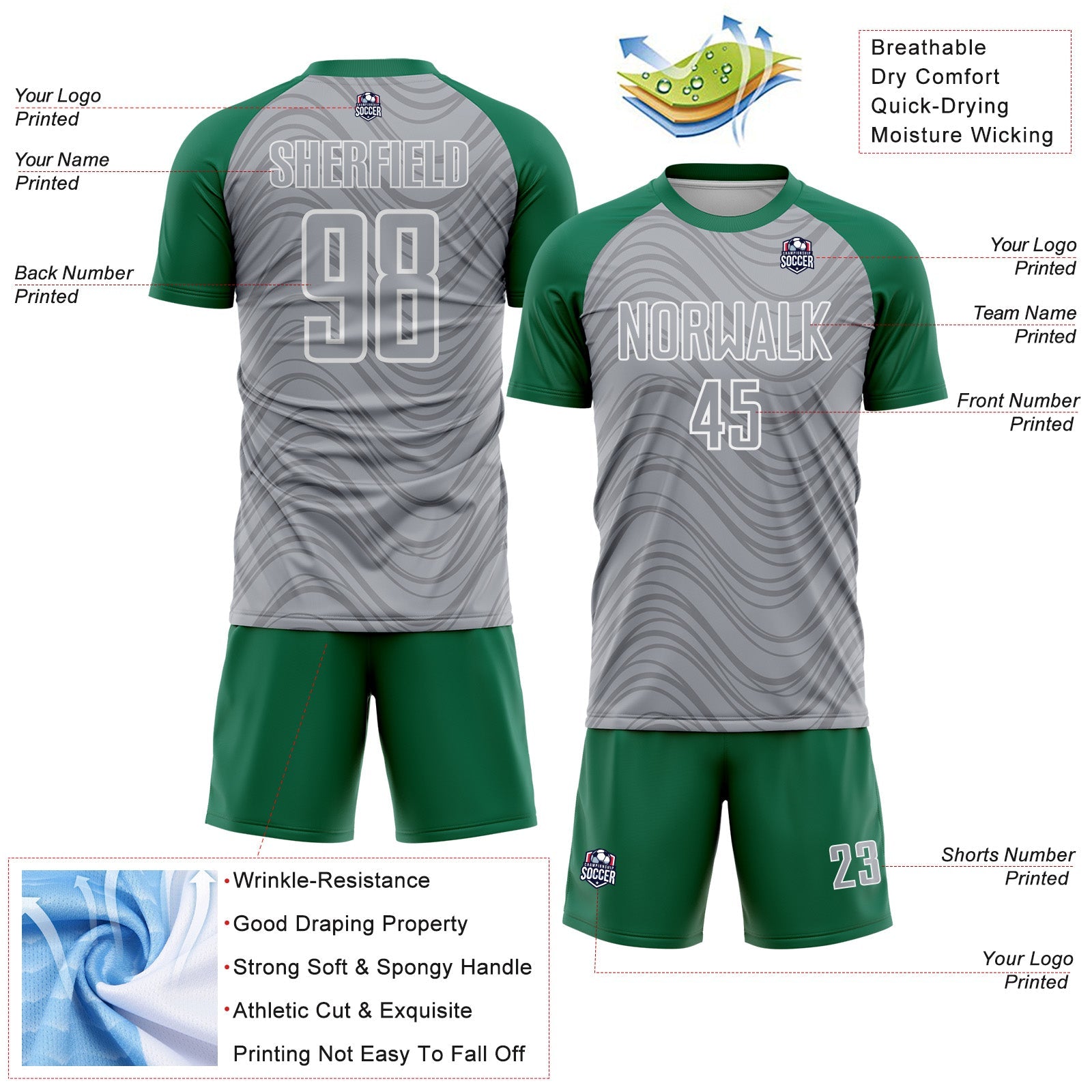 Custom Gray Kelly Green-White Wavy Lines Sports Sublimation Soccer Uniform Jersey