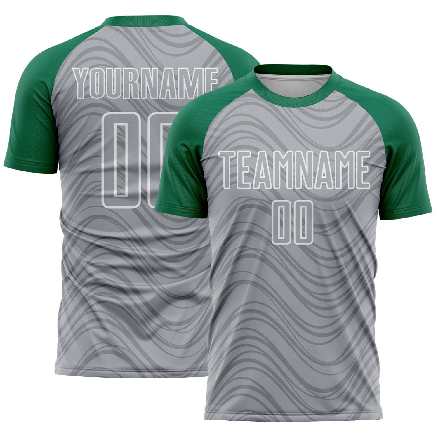 Custom Gray Kelly Green-White Wavy Lines Sports Sublimation Soccer Uniform Jersey